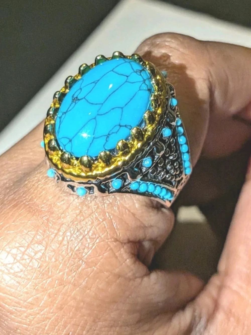 Retro Punk Style Ring Simulated Turquoise Two Tone Polished Statement Band Ring